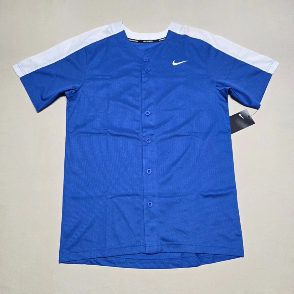Nike Baseball Team Engineered Jersey Men Small Blue/Wht Button Down Short Sleeve